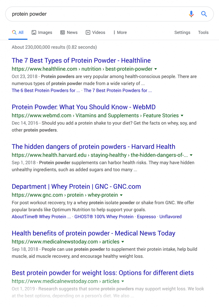 نتایج جستجوی گوگل در رابطه با پودر پروتئین