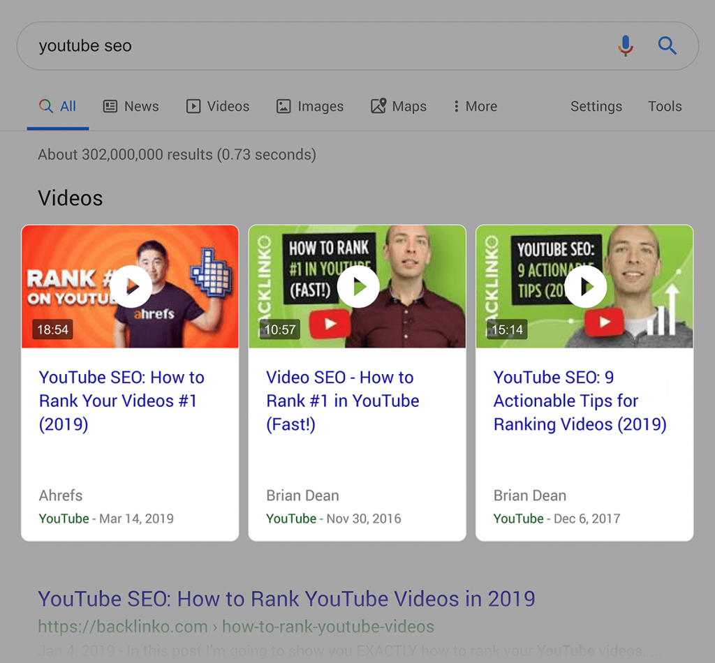 نتایج جستجوی گوگل همراه با نتایج ویدیو