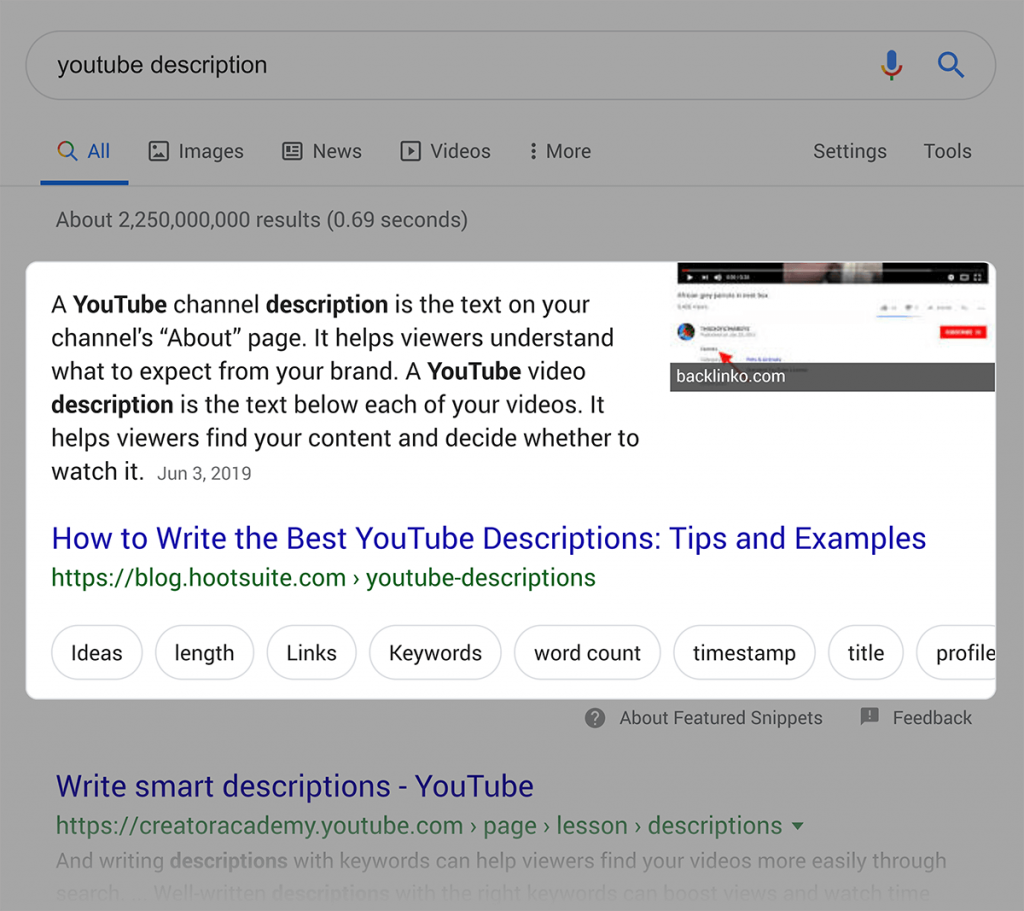 فیچر اانیپت توضیحات یوتیوب برای سرچ های گوگل